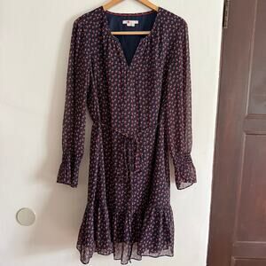 BODEN | Navy Blue Long Sleeve Tie Waist Dress with Red Floral  | Size 10